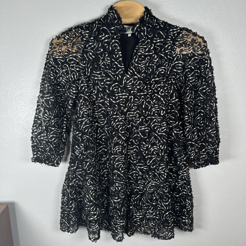 Tuckernuck Nightly Organza Palmerston Dress Large Black Gold Pockets Long Sleeve